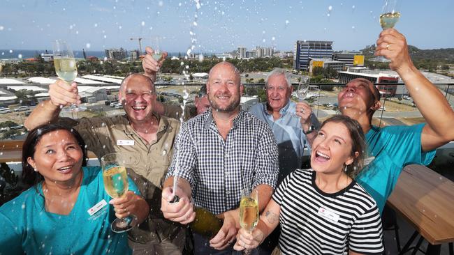 Staff begin border opening celebrations on the rooftop at Rydges Hotel Coolangatta, led by General manager Luke Harley. The airport hotel staff are looking forward to more shifts once the tourists start using planes once more. Picture Glenn Hampson