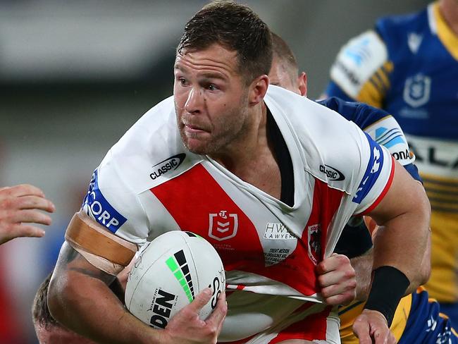 SYDNEY, AUSTRALIA - APRIL 11:  Trent Merrin of the Dragons is tackled during the round five NRL match between the Parramatta Eels and the St George Illawarra Dragons at Bankwest Stadium on April 11, 2021, in Sydney, Australia. (Photo by Matt Blyth/Getty Images)