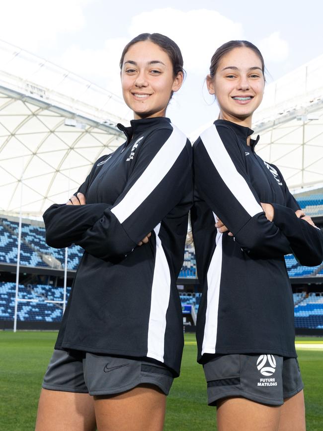 Young Matildas players Jynaya Dos Santos and Indiana Dos Santos