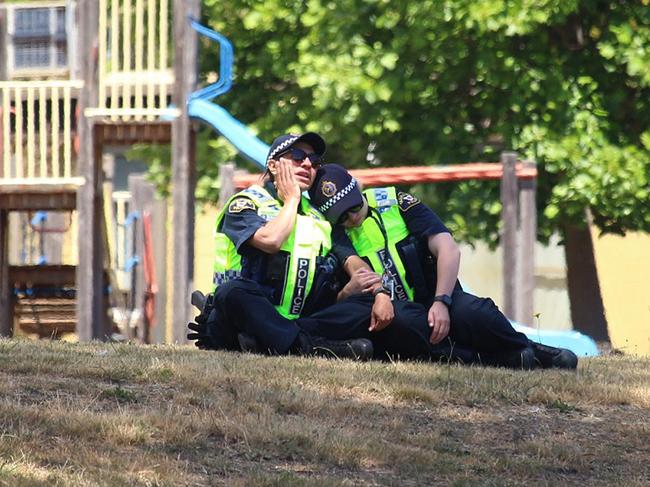 Devastated police officers at the scene of a jumping castle incident. Picture: Monte Bovill / ABC News