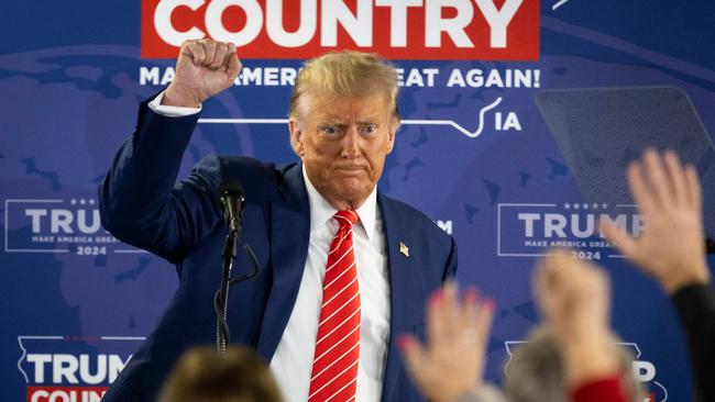 Donald Trump revs up supporters in Newton, Iowa, on Saturday. Picture: AFP