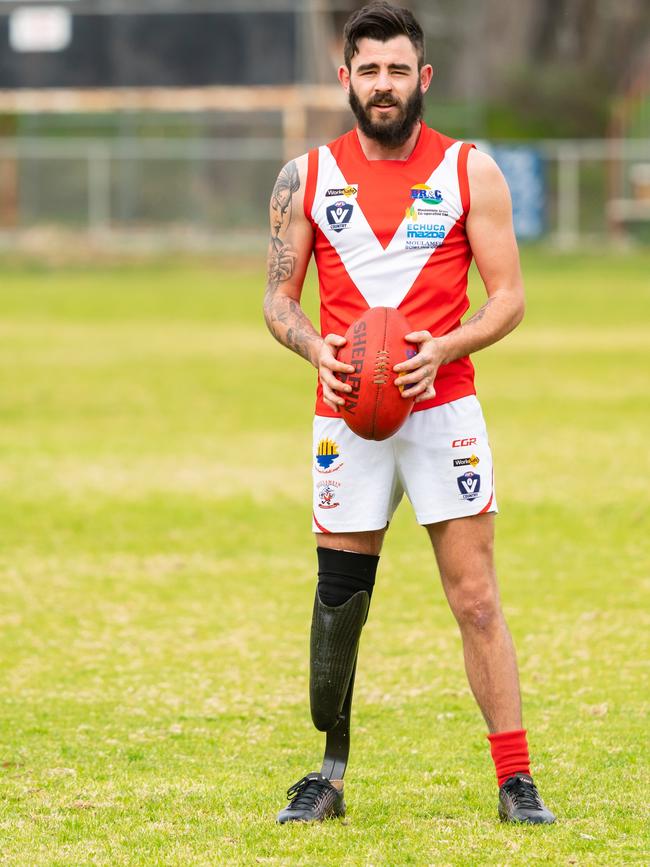 Cory Goodwin from Moulamein is the comeback kid of country footy, returning to the field with a prosthetic leg after a serious car accident in 2017. Picture: Simon Dallinger