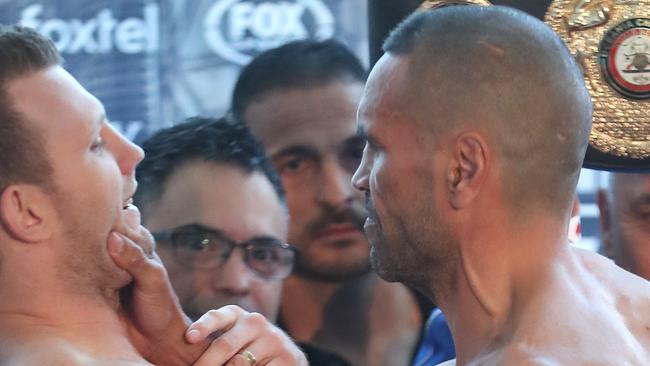 Mundine and Horn clash during the weigh in. The weigh in for Jeff Horn and Anthony Mundine. Pic Peter Wallis