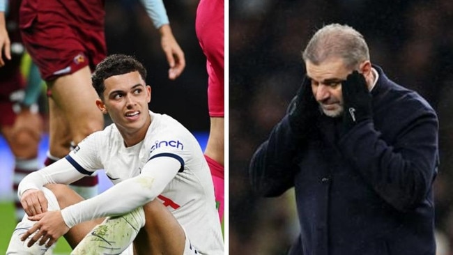 Brennan Johnson and Ange Postecoglou react during Friday’s loss to West Ham. Photos: Getty Images