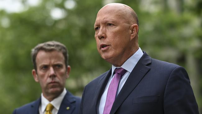 Opposition Leader Peter Dutton and Coalition immigration spokesman Dan Tehan speaking at Parliament House last week about the government’s response to the High Court’s decision. Picture: NCA NewsWire/Martin Ollman