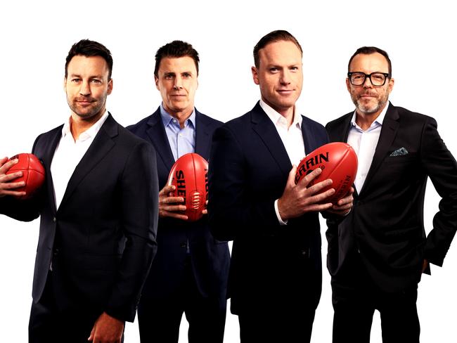 The new look Footy Classified team of Jimmy Bartel, Matthew Lloyd, Sam McClure and Damian Barrett. Picture: Channel 9/Supplied