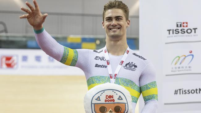 HONG KONG, CHINA - MARCH 16: Matthew Glaetzer of Australia celebrates on the podium with the silver metal after the men's keirin finals event during the Day 2 of the Tissot UCI Track Nations Cup Hong Kong at the Hong Kong Velodrome on March 16, 2024 in Hong Kong, China. (Photo by Yu Chun Christopher Wong/Eurasia Sport Images/Getty Images)