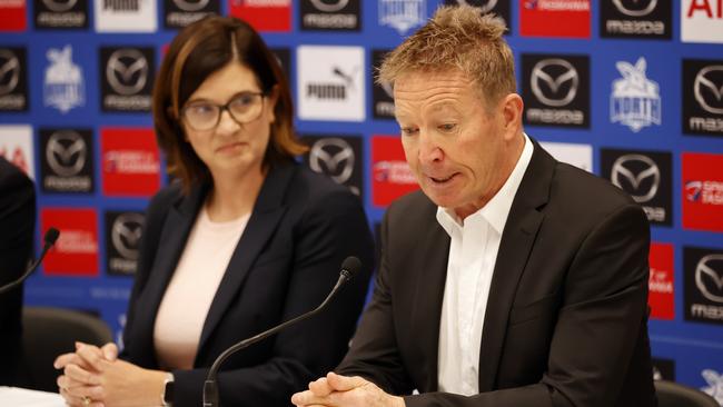 North Melbourne and coach David Noble part ways amid horror season. North Melbourne will begin its search for its fourth full time coach in five years after parting ways with embattled leader David Noble.  President Dr Sonja Hood alongside David. Picture: Alex Coppel.