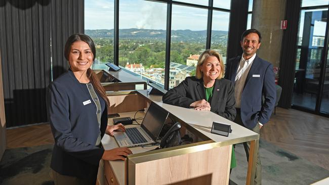 Crowne Plaza Adelaide general manager Sarah Goldfinch (centre) with staff members Corona Turner and Armando Campos. Picture: Tom Huntley