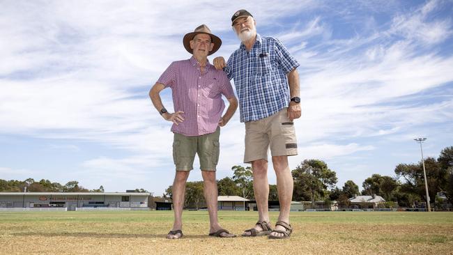 Willunga Recreation Park secretary Brian Dempsey and ex-president Mostyn Hancock on their oval, which desperately needs a new sprinkler system. Picture: Emma Brasier