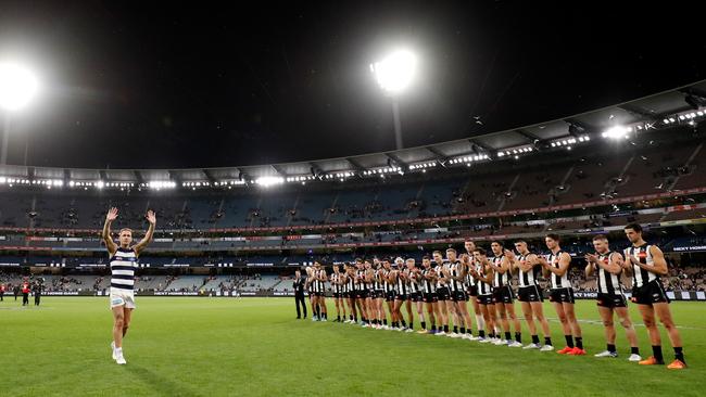 Joel Selwood of the Cats leaves the field after a win. Photo by Dylan Burns/AFL Photos via Getty Images.