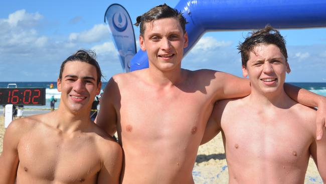 Stuart (right) with fellow top three 2017 Bondi Bluewater Challenge top three swimmers Nico Love and Cormac Guthrie. Picture: Peter Cameron.