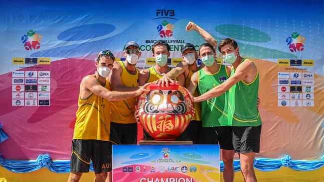 Australia's men's volleyball representatives after securing a spot at the Tokyo Olympcs: (l-r) Damien Schumann, Chris McHugh, Max Guehrer, Zach Schubert, Tom Hodges, Paul Burnett.