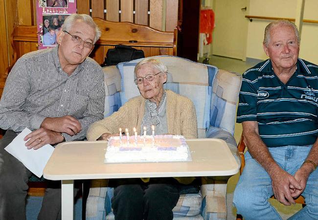 CITY TREASURE: Lillian Reimers celebrates her 105th birthday with sons Geoff and Bryan. Picture: FILE