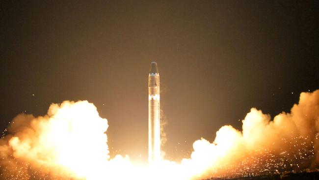 North Korea is said to be testing mounting biological weapons onto ICBMs capable of reaching the US. Picture: KCNA/KNS/AP