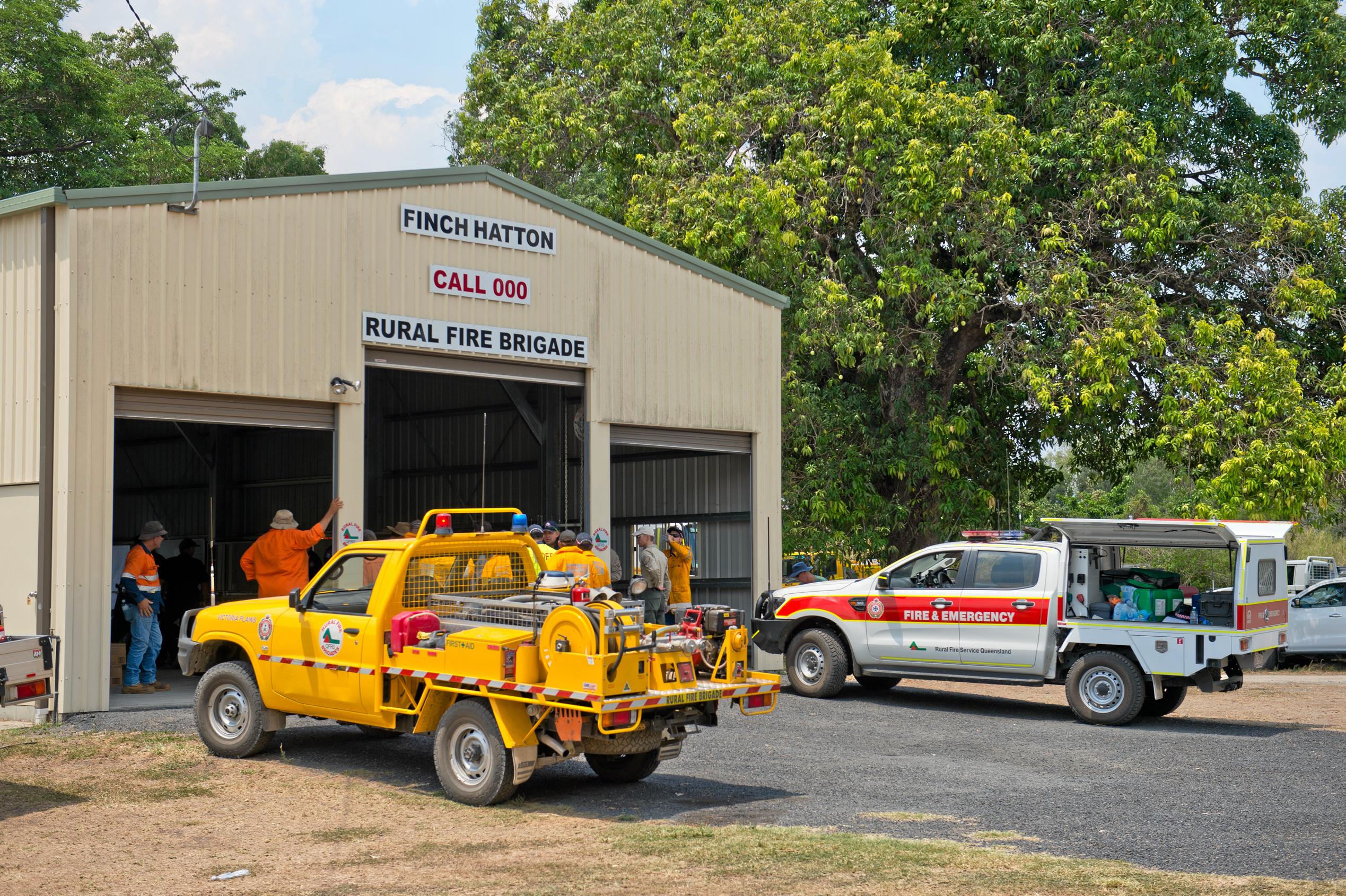 Finch Hatton fire station has been a hive of activity as emergency crews from around Queensland arrive to help fight multiple fires burning nearby. Picture: Emma Murray