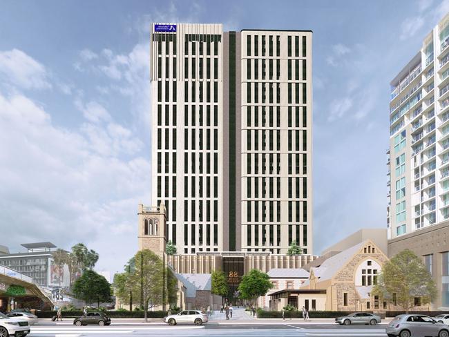 Artist impression of a proposed 33-storey student accommodation tower for Trinity Church on North Tce. Picture: Brown Falconer