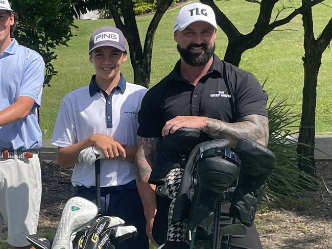 Mulpha Events head of events Corey Rattray-Wood, Gold Coast junior golfers Flynn Carter and Byron Reick and Australian long driver Matt Nicholls at the launch of the 2025 Gold Coast Festival of Golf.