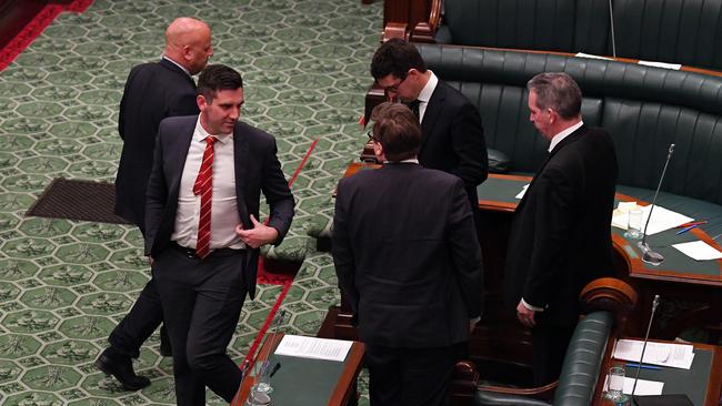 Liberal backbenchers Steve Murray, Dan Cregan, Nick McBride and Fraser Ellis, join independent MPs Troy Bell, Geoff Brock in voting against the mining Bill on Wednesday night. Picture: Tom Huntley