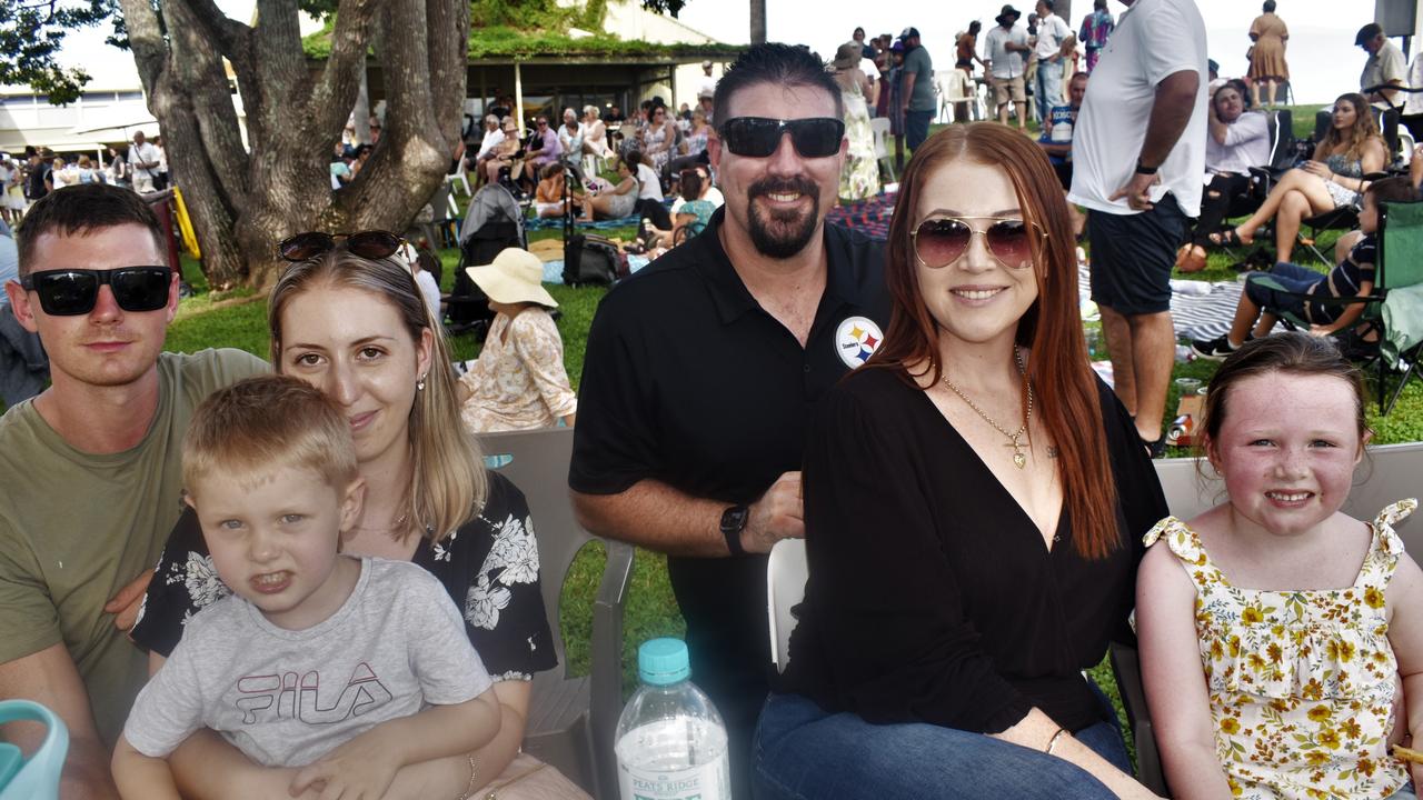 Kyle Freeman, Archie Freeman, Amelia Crellin, Colman Ring, Kim Finning and Harper Finning at the Blues, Brews &amp; BBQs Day at Clarence River Jockey Club on Sunday, 14th March, 2021. Photo Bill North / The Daily Examiner