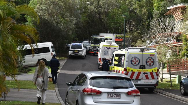 Police vehicles in Pecan Court, off Bottlebrush Crescent, in Suffolk Park. Officers have attended an anti-5G protest in the area on Monday, July 12, 2021. Picture: Javier Encalada