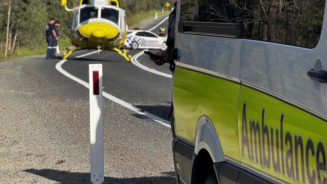 The LifeFlight helicopter landed at Mount Maria to assist a woman injured in a rollover crash.