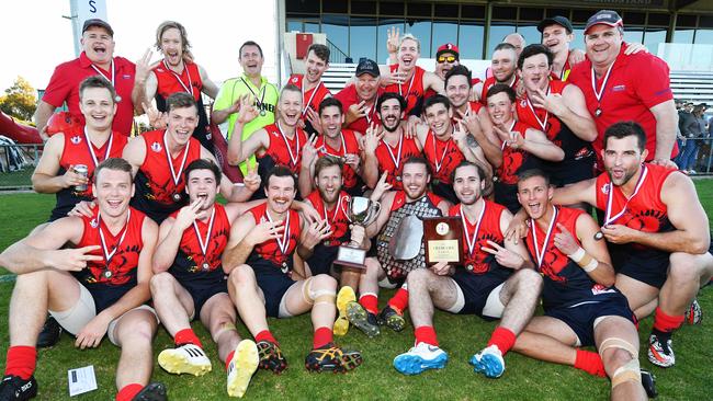 Flagstaff Hill celebrates after winning the 2018 SFL premiership <ld pattern="."/>– the club’s third flag in a row – the Falcons are hoping to claim four straight this weekend. Picture: AAP/Mark Brake