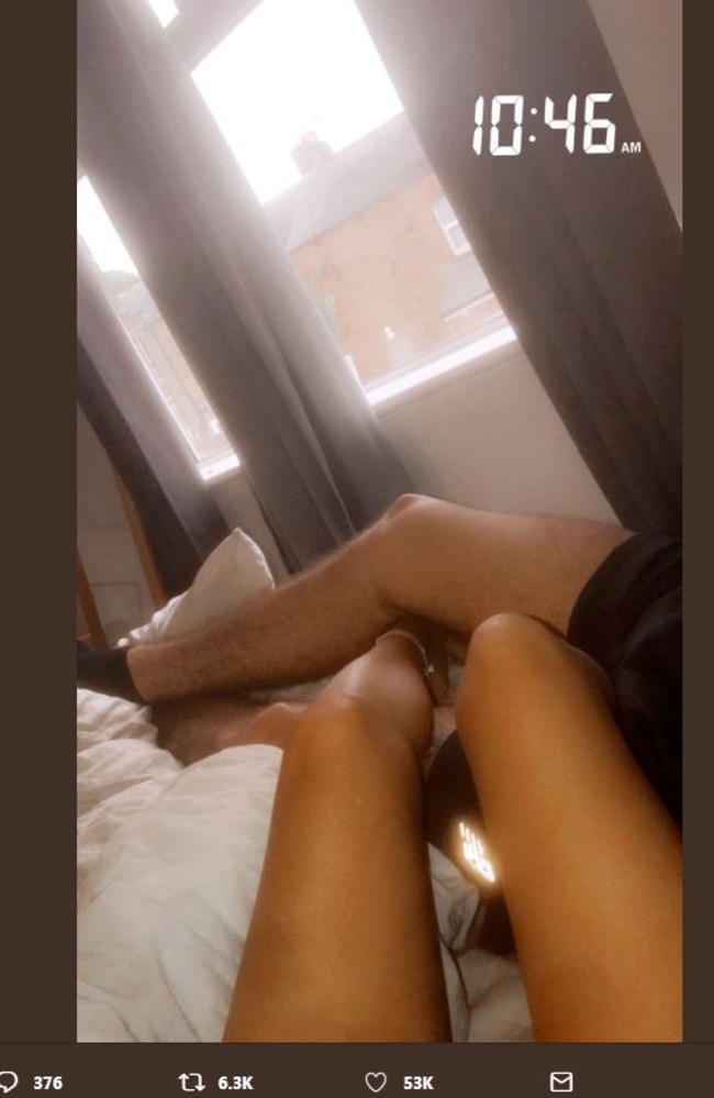 Selina posted this photo of her legs entwined between her boyfriend’s to her Snapchat, but another woman insisted they were the legs of her boyfriend.
