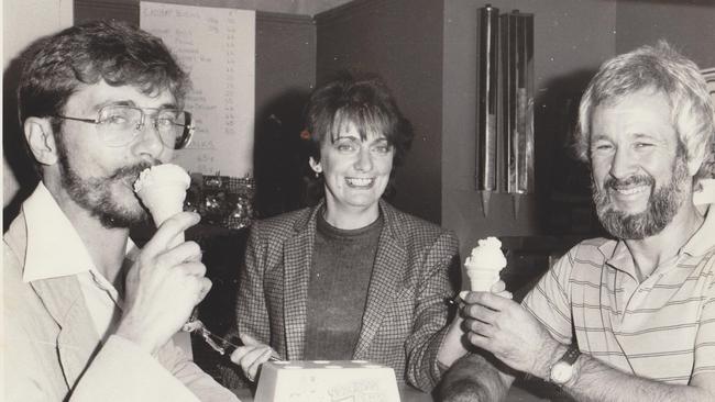 Russell Barrett, Jackie Barrett and James Heron at the kiosk window in 1984, before the Kuta Cafe was built. Picture: Supplied