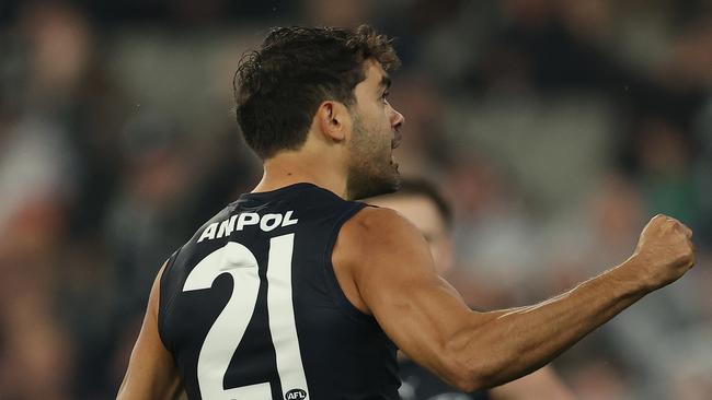 MELBOURNE, AUSTRALIA - MAY 09: Jack Martin of the Blues celebrates after scoring a goal during the round nine AFL match between Carlton Blues and Melbourne Demons at Melbourne Cricket Ground, on May 09, 2024, in Melbourne, Australia. (Photo by Robert Cianflone/Getty Images)