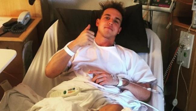 Mitch Wallis gives the thumbs up from his hospital bed after successful surgery. Picture: Instagram