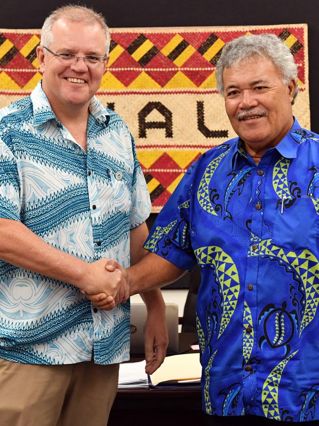 Tuvalu's Prime Minister Enele Sopoaga meets with Prime Minister Scott Morrison. Picture: AAP