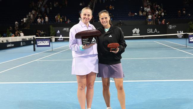 Ladies singles finals winner and runner-up Jelena Ostapenko of Latvia and Daria Kasatkina. Photo by Sarah Reed/Getty Images.