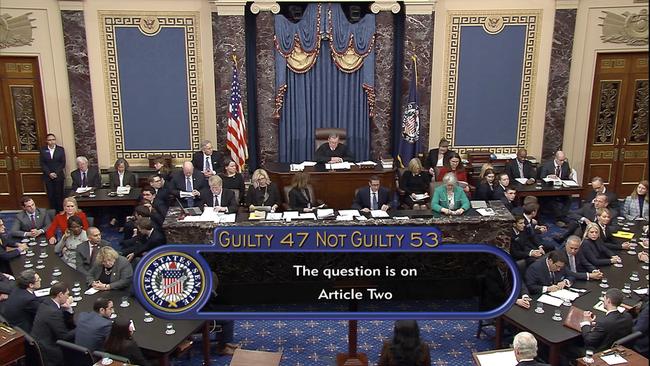 The vote total, 53-47 for not guilty, on the second article of impeachment, obstruction of congress, is displayed on screen during the impeachment trial against US President Donald Trump.