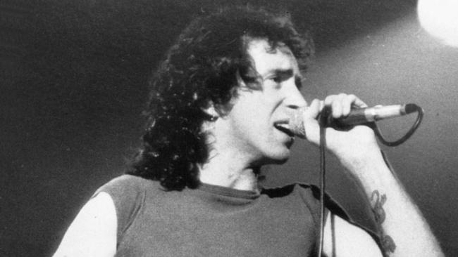 Singer Bon Scott performing with the band AC/DC (ACDC) in a circa 1976 photo. Scott/singer P/R AC/DC/band Picture: Supplied