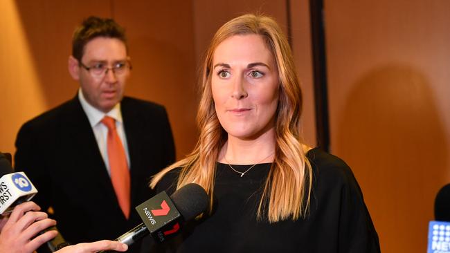 Casey McElroy speaks during her tribunal hearing at Adelaide Oval. Picture: Keryn Stevens