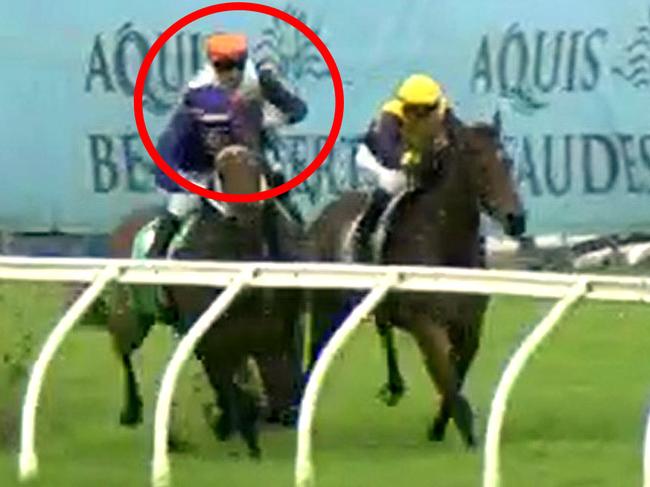 Quade (Jag Guthman-Chester, circled) was elevated from second to first after stewards deemed he was tightened by Beachside Babe (Andrew Spinks, yellow cap) at the 300m. Picture: Screengrab / Racing Queensland