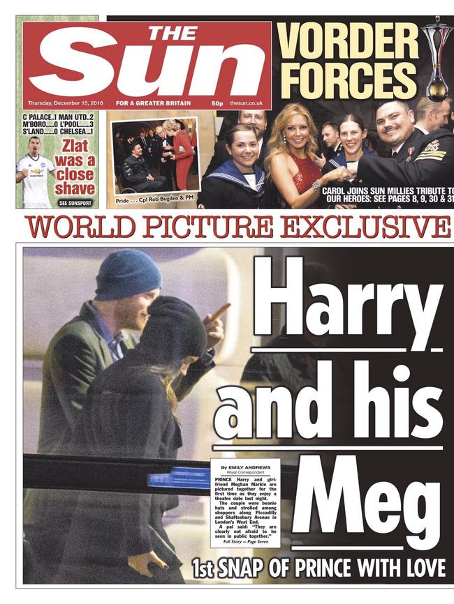 Prince Harry with Meghan Markle on the cover of The Sun. Picture: The Sun