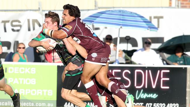 Rugby League Gold Coast A-Grade Round 2 - Burleigh Bears vs. Helensvale Hornets at Pizzey Park. John Butler tackled. 16 May 2021 Miami Picture by Richard Gosling