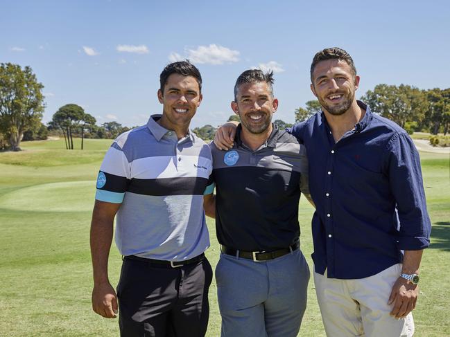 Dimmi Papadotos (2018 runner up Australian Open Golf), Braith Anasta and Sam Burgess at the Coogee Bay Hotel Charity Golf Day at Bonnie Doon Golf Club. Picture: Jennifer Soo