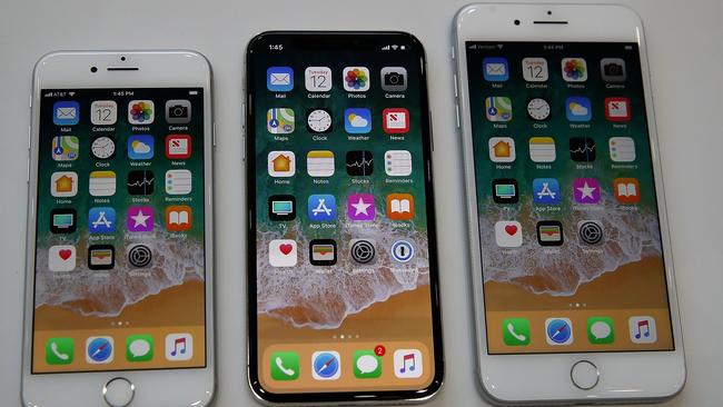 The new Apple iPhone 8, iPhone X and iPhone 8S displayed side-by-side. Picture: Justin Sullivan/Getty Images/AFP