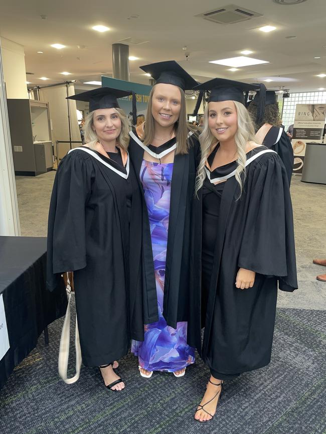 Bachelor of Nursing graduates: Tracy Larsen, Rori Koppen and Bailey Fleming at the Federation University Churchill Campus graduations on Tuesday, March 25, 2025. Picture: Jack Colantuono