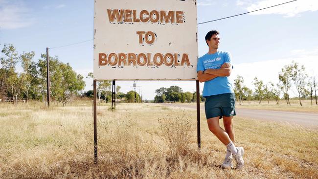 Cummins in the remote NT town of Borroloola with UNICEF to visit the Moriarty Foundation football program. Picture: Sam Ruttyn