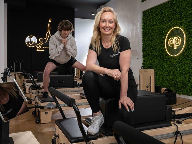 30-09-2024 Kirsteen Warrington with manager Jack Barton at her new 24/7 Pilates Studio on Ryrie Street, Geelong. Picture: Brad Fleet