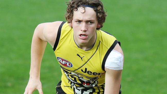 MELBOURNE, AUSTRALIA - MAY 10: Riley Collier-Dawkins of the Tigers, a possible debutant for next round, looks upfield during a Richmond Tigers AFL training session at Punt Road Oval on May 10, 2019 in Melbourne, Australia. (Photo by Michael Dodge/Getty Images)