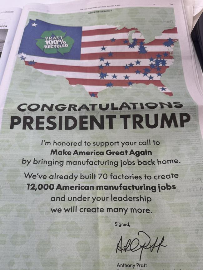 Anthony Pratt placed a congratulatory ad in The New York Times.