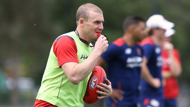 Simon Goodwin takes his first training as senior coach. Picture: Wayne Ludbey