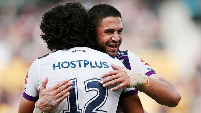 Jesse Bromwich celebrates with Tohu Harris after finishing off the Warriors.