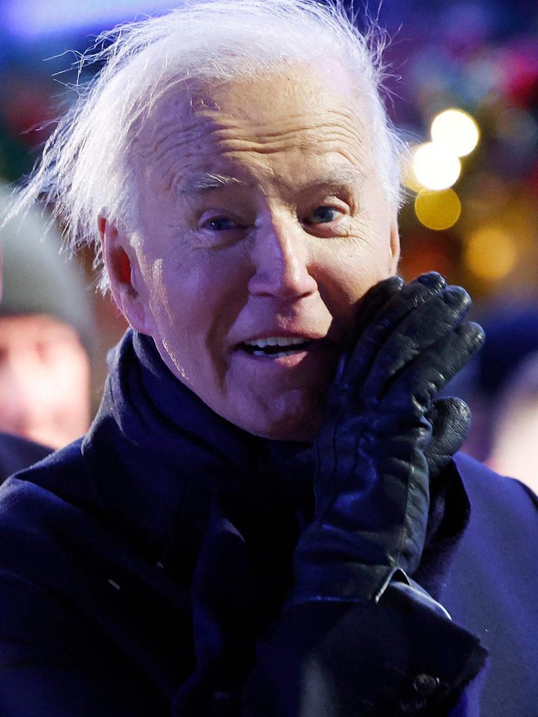 Joe Biden, pictured yelling out to the press during a Christmas tree Lighting Ceremony, says there’s ‘nothing nefarious’ about the drones. Picture: AFP