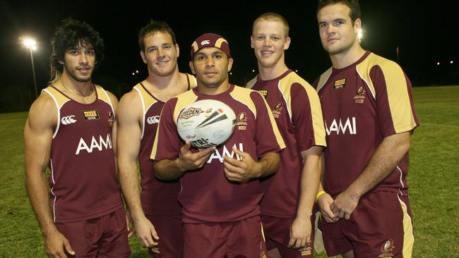 Matt Scott in 2006 with fellow QLD Origin debutants Johnathan Thurston, Matt Bowen, David Stagg and Nate Myles. Picture: David Kapernick.